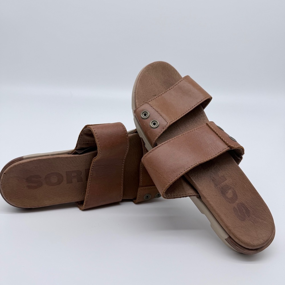 Sorel Ella Slide Sandals Tan Brown Leather Grommet Flat 6.5 NL2937-224